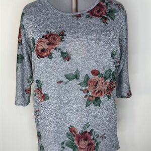 Bobbie Brooks Shirt Womens XL Gray Floral Crew Neck 3/4 Sleeve Tunic Top Dolman